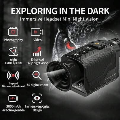 Wearable Mini Night Vision Goggles, 7-Level Infrared Adjustment, 8X Digital Zoom, Silicone Anti-Slip Technology, Built-In 3000mAh Lithium Battery, Lightweight Design For Comfortable Long-Time Wearing