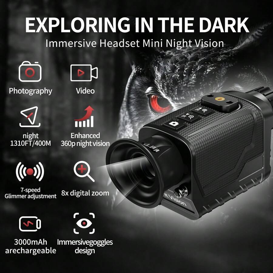 Gafas de visión nocturna mini portátiles, ajuste infrarrojo de 7 niveles, zoom digital 8X, tecnología de silicona antideslizante, batería de litio recargable de 3000mAh incorporada, diseño ligero para un uso cómodo y prolongado - Negro - Ver 1