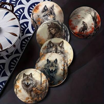 6pcs Wolf Totem Wooden Coaster Set - Heat Resistant, Non-Slip, Durable, Suitable For Home, Office And Themed Parties, Ideal Tabletop Protection For Christmas, Halloween, Easter And Valentine's Day