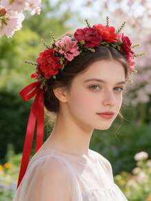 1件欧美风格人造花发箍，用途广泛，可用作新娘头饰、旅行摄影道具、节日造型、摄影拍摄和日常时尚点缀。 - 紅色 - 查看 5