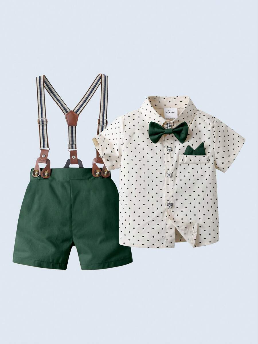 BOARNSEORL 2pcs Young Boys' Gentleman Suit Including Short-Sleeved Collared Shirt With Bow Tie And Khaki Shorts Or Overalls, Suitable For Birthday Parties, Weddings, Banquets And Performances - Dark Green - View 1