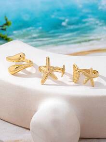 3pcs Minimalist Gold-Tone Beach Vacation Theme Starfish Shell Water Drop Thick Solid Metal Rings Set, Suitable For Women, Chunky Smooth Matte Finish Heavy Alloy Material Rings Set - Yellow Gold - View 2