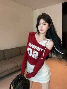 Asymmetric Collar Color Block Long Sleeve T-Shirt, Sweet & Sexy Girl Print Fitted Top For Women, Spring/Summer Red - Red - View 2
