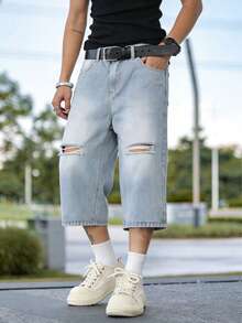 Nuevos pantalones cortos vaqueros sueltos y casuales de hombre con lavado azul desgastado y rasgados de moda para el verano - Lavado ligero - Ver 4