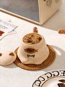 1个400毫升创意简约陶瓷下午茶杯，可爱卡通猫咪图案，带盖，可用洗碗机和微波炉加热，可定制生日礼物 - 彩色 - 查看 2