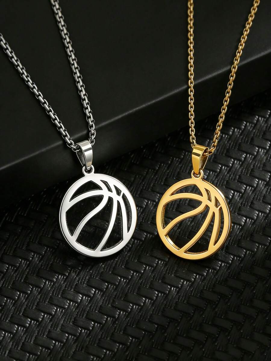 1件男士Y2K风格镂空篮球项链，不锈钢时尚百搭可叠戴吊坠项链 - 金色 - 查看 1