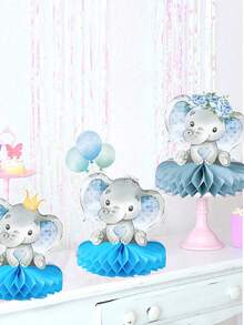 6个蓝色小象主题纸质蜂窝装饰，可爱蜂窝中心装饰，适用于婴儿派对、生日派对、性别揭晓派对、一周岁生日派对背景装饰、婴儿派对回礼、派对用品 - 藍色大象 - 查看 6
