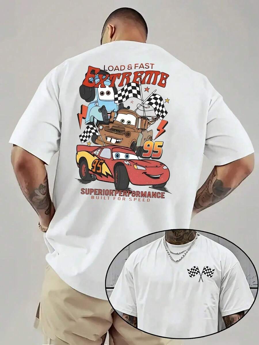 Disney Official Licensed Cars "Load & Fast Extreme" Double-Sided Graphic T Shirts 100 Percent Cotton Disney Shirt Washed 220g Unisex - 白色 - 查看 1
