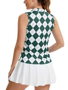 Women's Argyle Print Sleeveless Polo Shirt V-Neck Slim Fit Golf Tennis Athletic Tank Top - 綠白印花 - 查看 2