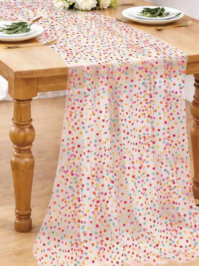 1pc Colorful Polka Dot Mesh Table Runner, Party Tablecloth Kitchen Table Runner, Birthday Decoration Birthday Table Flag, Birthday Party Supplies, Wedding Decoration Wedding Table Cover, Bridal Shower, Table Cover, Baby Shower Decor, Banquet Decoration