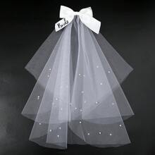 1pc Bridal Veil With Pearl & Bow Decor, White Bride Hair Clip With Veil, Suitable For Bachelorette Party, Bridal Shower, Wedding Morning, Engagement Photo Accessories,Summer,Beach - Multicolor - View 9
