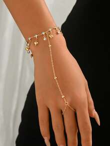 1pc Fashionable Elegant Heart-Shaped Crystal Tassel Finger Chain, Handmade Link Bracelet Jewelry For Women, Suitable For Daily Wear, Shopping, Party, Travel - Gold - View 1