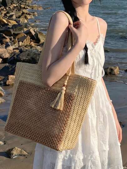 Foldable Mesh Tote Bag, Casual Handbag For Women, Collapsible Shoulder Bag, Picnic Bag, Waterproof, Multifunctional Shopping Bag, Hollow Woven Bag With Wheat Ear Decor, Suitable For Travel, Beach, Camping, Hiking, Summer Vacation