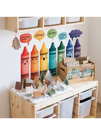 创意彩色铅笔墙贴，艺术儿童房主题，PVC材质趣味壁画，自粘式，适用于儿童房特色墙、客厅背景墙、家庭旅馆、创意主题房、早教中心、艺术角、儿童书店、照片墙等场景，自粘式叙事灵感艺术