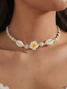 1件波西米亚风项链，沙滩项链，手工编织软陶瓷花朵贝壳项链，夏季沙滩度假配饰 - 黃色 - 查看 1