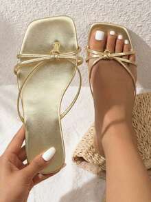 planare 女士金色方头平底凉鞋 - 多带交叉设计，夏季时尚套脚凉鞋，舒适金色凉鞋，适合任何正式场合。 - 金色 - 查看 8