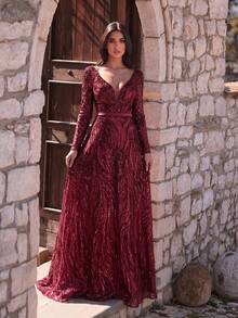 Faeriesty 女士正式晚礼服，深V领设计，薄纱长袖，后背系带，优雅A字廓形，亮片装饰修身红毯礼服，适合音乐节、盛大晚宴、周年纪念、红毯活动、新年派对、婚礼、度假等场合。春季穿着。 - 酒紅色 - 查看 3