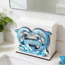 1/4pcs Summer Ocean Theme Wooden Napkin Holder, Freestanding Paper Towel Dispenser With Dolphin, Seashell, Ice Cream Pattern, Suitable For Dining Table, Bathroom, Kitchen, Desk Decor - Multicolor - View 3