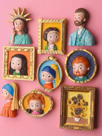 1 Stück abstraktes & interessantes 3D Cartoon Charakter Muster goldgerahmter Kühlschrankmagnet, Cartoon Weltberühmtes Gemälde Kühlschrankdekor Aufkleber, Harz Material kreatives personalisiertes Geschenk für Familie & Freunde, perfekte Küchen- & Wohnzimmer Dekoration