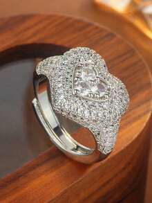 奢华心形合成锆石几何可调节戒指，女士珠宝礼品 - 白色 - 查看 2