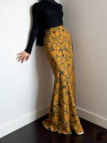 SuofeiMan Bộ váy đuôi cá in họa tiết thanh lịch dành cho nữ, gồm áo tay dài và chân váy dài, thích hợp cho kỳ nghỉ. - Màu vàng - Xem 4