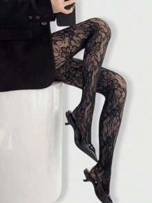 ROMWE Kawaii Floral High Elasticity Hollow Out Sexy Fishnet Tights, Suitable For Women's Daily Wear - Đen 2 - Xem 5