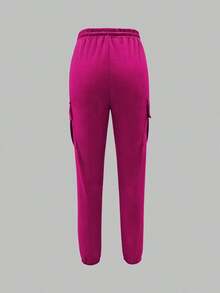 Women's Fashion Elegant Solid Color Casual Pocket Elastic Waist Drawstring Cargo Pants - Màu Hồng Tươi - Xem 4