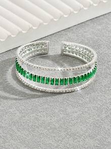 INN NEVV 1pc Women's Fashion Zirconia Embellished Adjustable Open Bangle Bracelet, Suitable For Outdoor Wear - Green - View 5