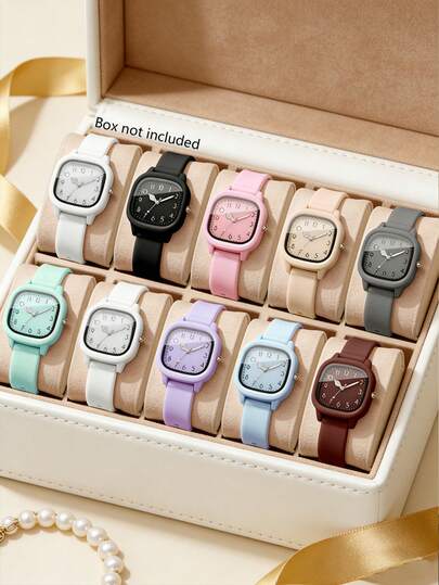 1pc Colorful, Bright And Fresh Women's Quartz Watch, Part Of A Ladies' Accessory Set. This Watch Features A Minimalist Square Dial And Multi-Color Silicone Strap Design, With A Sweet And Refreshing Style Full Of Vitality. As A Practical Watch Accessory, It Is Suitable For Daily Commuting, Campus Outfits, Christmas Gift Exchanges, New Year's Parties, And Other Various Occasions.
