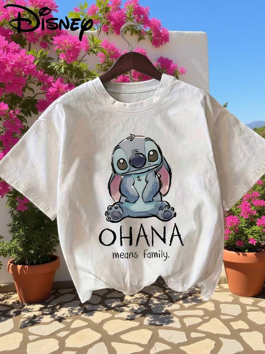 Disney "Lilo & Stitch" Printed T-Shirts, Round Neck Pullovers And Women's Casual Sports Short-Sleeved Tops Are Suitable For Summer And Spring, Short-Sleeved Tops And Mother's Day Gifts. - 白色 - 查看 1