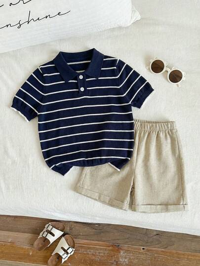 Toddler Boys' Gentleman Style Striped Collar Short Sleeve Knit Pullover Sweater, Casual Daily Wear For Spring, Summer, Early Autumn