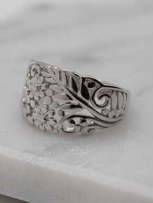1pc Bohemian Style Vintage Silver Flower Pattern Ring, Suitable For Wedding, Engagement, Promise, Daily Wear - Silver - View 4