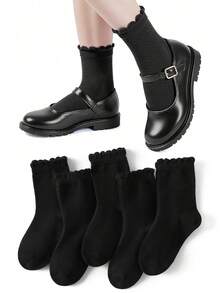 1/5 Pairs Spring/Summer Kids Socks, Black Lace Mid-Calf Socks, Breathable Comfortable Soft Sweat-Absorbent Mid-Calf Socks, Suitable For Students Back To School/Outing/Party/Outdoor Sports/School/Holidays Gifts & Daily Wear - Black - View 1