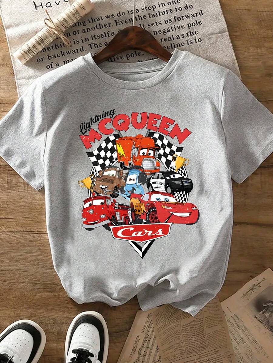 1pc Disney Lightning McQueen & Friends Nostalgic Racing Graphic Tween Boys Casual T-Shirt - Soft, Breathable, Ideal For Daily Wear & Weekend Outings - 灰色 - 查看 1