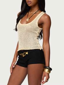 Women Summer Fishnet Knit Tank Tops Glitter Sequins Sleeveless U-Neck Casual Crop Vests Sheer Mesh Solid Slim T-Shirts Streetwear - 米色 - 查看 4