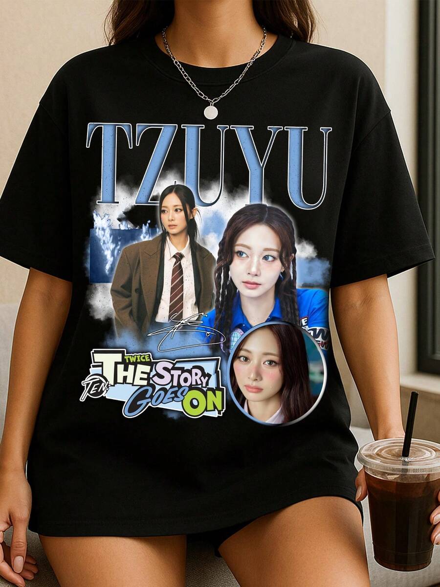 Camiseta retro de Tzuyu de TwiceS, Camiseta de TwiceS TEN The Story Goes On, Camiseta de TwiceS This Is For World Tour en EE. UU., Suéter Kpop de los miembros de TwiceS - Negro - Ver 1