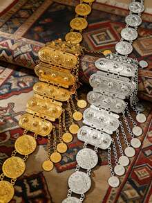 1pc Gold/Silver Coin Belt Set | Luxurious Rectangular Plate With Coin Tassel Chain, Glamorous Plated Non-Glossy Bridal And Festival Waist Chain - Choose Your Finish, Gold Or Silver Set Rectangular Plate Non-Glossy Coin Pendant - Silver - View 4