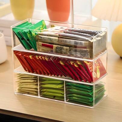 1pc Acrylic Tea Bag Organizer Box, Office Coffee & Milk Tea Packet Holder With Compartments, Stackable Multi-Functional Storage Box For Home & Commercial Use