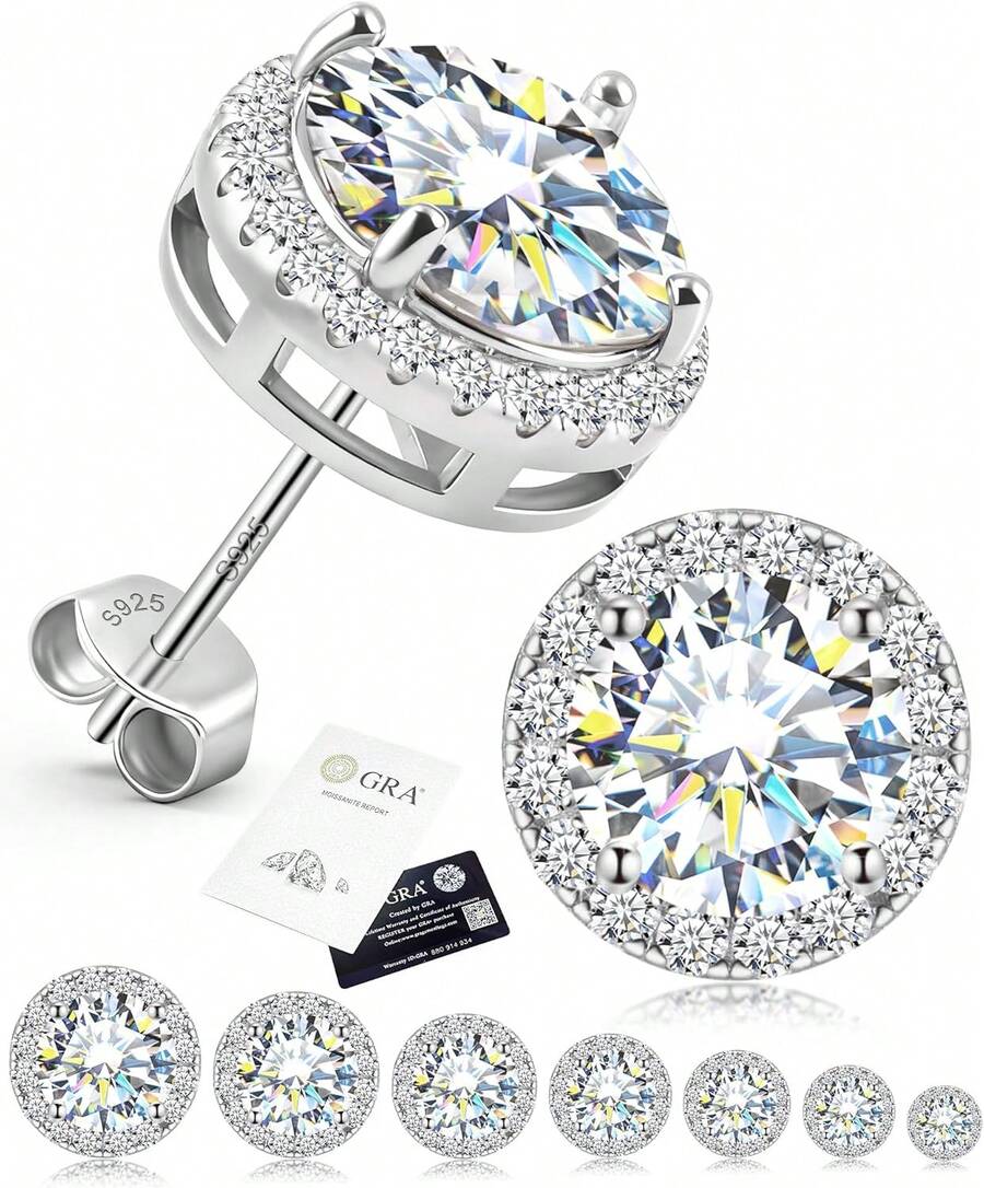 Moissanite Earrings For Men, Solid S925 Sterling Silver And 18K Golden Plated Halo Stud Earrings For Women Valentine's Day Mother's Day Gifts - D Color VVS1 Hypoallergenic Dainty Moissanite Jewelry For Sensitive Ear, 0.2CT-10CT, 3-11mm - 銀色 - 查看 1