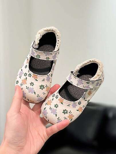 1双女童碎花真皮软底套脚鞋，透气圆头玛丽珍鞋，休闲舒适平底鞋，适合春、夏、秋季穿着