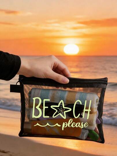 Beach Mesh Cosmetic Bag, Beach-Themed Design, Suitable For Travel, Colorful Starfish Pattern Mesh Toiletry Bag, Shopping Travel Bag, Zipper Travel Organizer, Multi-Function Toiletry Bag, Organizer Bag, Portable Toiletry Storage Pouch, Jewelry Accessories, Travel Essentials, Ideal Mother's Day Gift, Home Or Travel Small Item Storage Bag