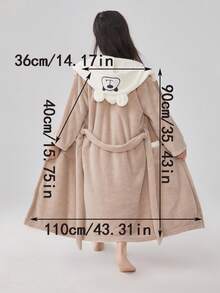 1pc Kids 5-12 Years Soft Coral Fleece Patchwork Bathrobe - Brown - View 10
