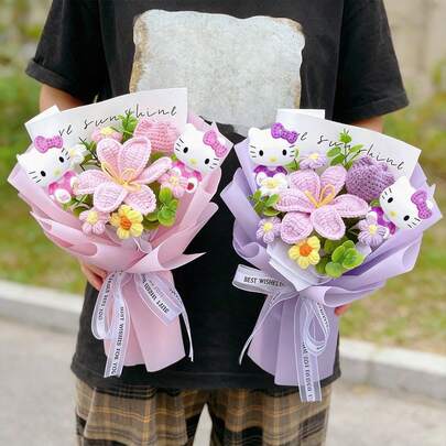 SANRIO Holding Flower, Artificial Tulip Bouquet, Artificial Lily, Mother's Day, Teacher's Day, Valentine's Day Gift, Home Wedding Decor, Creative Flower Bouquet For Valentine's Day And Mother's Day Surprise, Birthday Gift For Friends, Graduation Gift