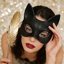 1个黑色猫咪角色扮演面具，超级英雄反派眼罩，仿皮万圣节服装配饰，卡通人物角色扮演面具，可调节松紧带女士面具，角色扮演派对和万圣节必备，高品质黑色猫咪主题面具，适合动漫展和主题活动 - 黑色 - 查看 7