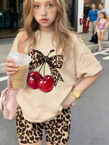 2pcs/Set Girls Loose Short Sleeve Set, Printed With Leopard Print & Cherry Pattern, Paired With Leopard Print Leggings, Fashionable Summer Outfit - Multicolor - View 1