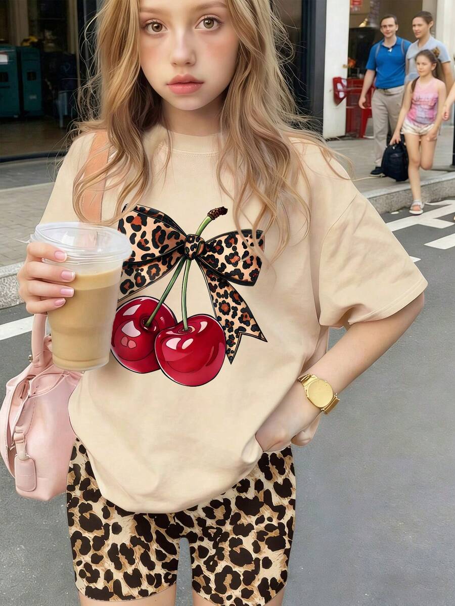 2pcs/Set Girls Loose Short Sleeve Set, Printed With Leopard Print & Cherry Pattern, Paired With Leopard Print Leggings, Fashionable Summer Outfit - Multicolor - View 1