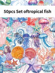 Set de 50 pegatinas transparentes con diseños de peces tropicales de dibujos animados para personalizar y decorar guitarra, equipaje, refrigerador, vaso de agua, planificador, computadora portátil y talla grande - Multicolor - Ver 2