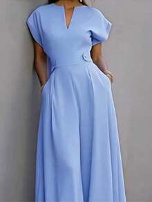 Women's New Solid Color Cutout Pocket Wide Leg Jumpsuit, Suitable For Daily, Office, Vacation In Spring & Summer - Recommend Sizing Up One Size For Slim Fit - Blue - View 8