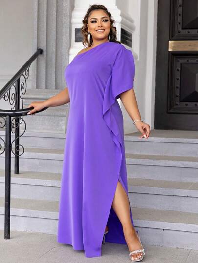 Plus Size Women Solid Color Asymmetric Collar Super Long Dress For Bride Mother