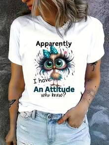 Women's Casual Patterned T-Shirt - "Obviously I Have Attitude" Playful Rooster Design Paired With Blue-Green Bows And Splatter Art, Soft Stretchy Round Neck, Machine Washable All-Season Top, Humorous Apparel, Medium Elasticity - Skin-Friendly - 白色 - 查看 1